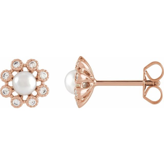 14K Rose Cultured White Freshwater Pearl & 1/8 CTW Natural Diamond Earrings