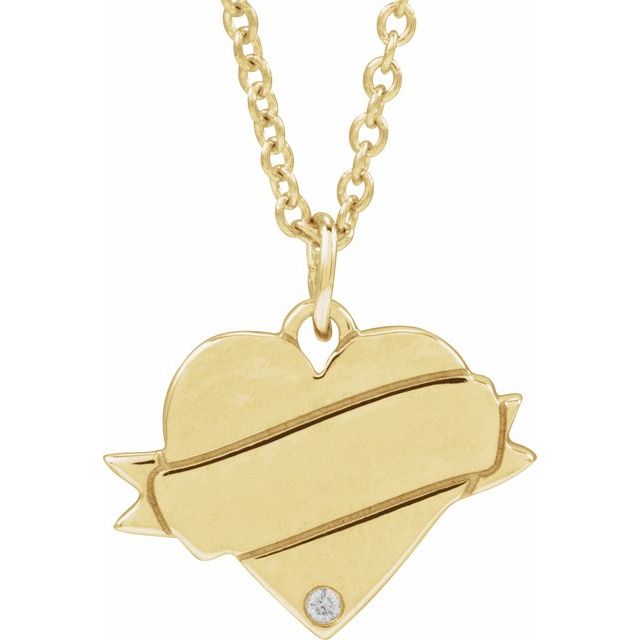 14K Yellow .005 CT Natural Diamond Engravable Heart 18' Necklace