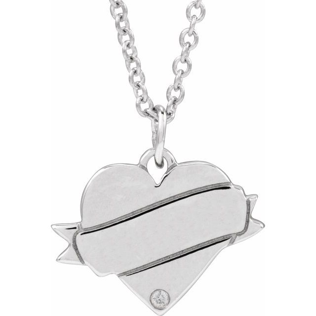 14K White .005 CT Natural Diamond Engravable Heart 18' Necklace