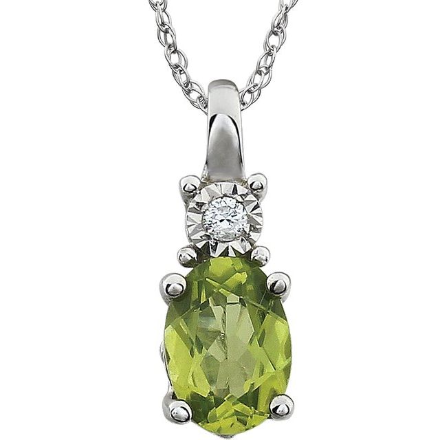 14K White Natural Peridot & .02 CT Natural Diamond 18' Necklace
