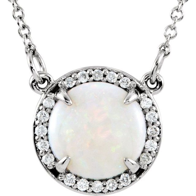 14K White Natural White Opal & .05 CTW Natural Diamond 16' Necklace
