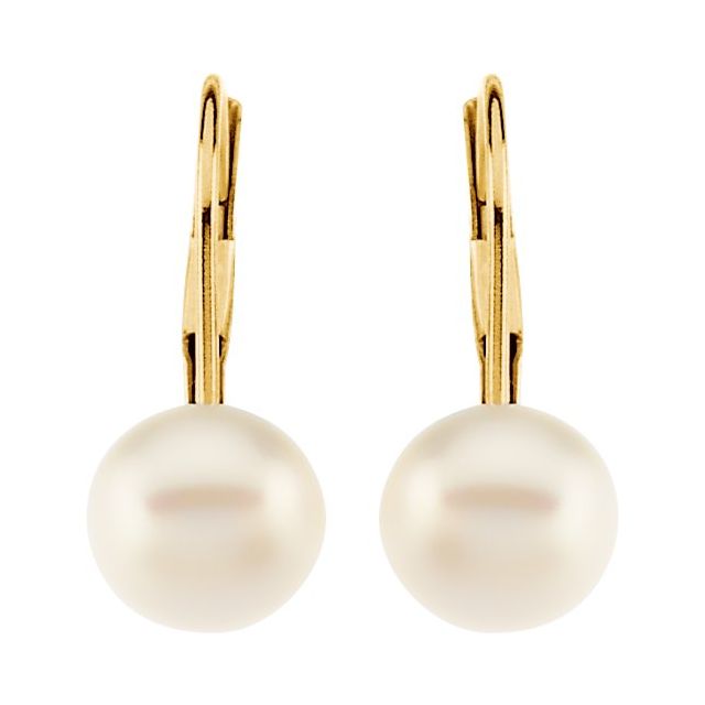 14K Yellow Cultured White Freshwater Pearl Lever Back Earrings