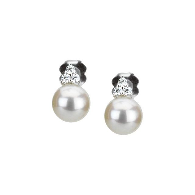 14K White Cultured White Freshwater Pearl &  1/10 CTW Natural Diamond Earrings