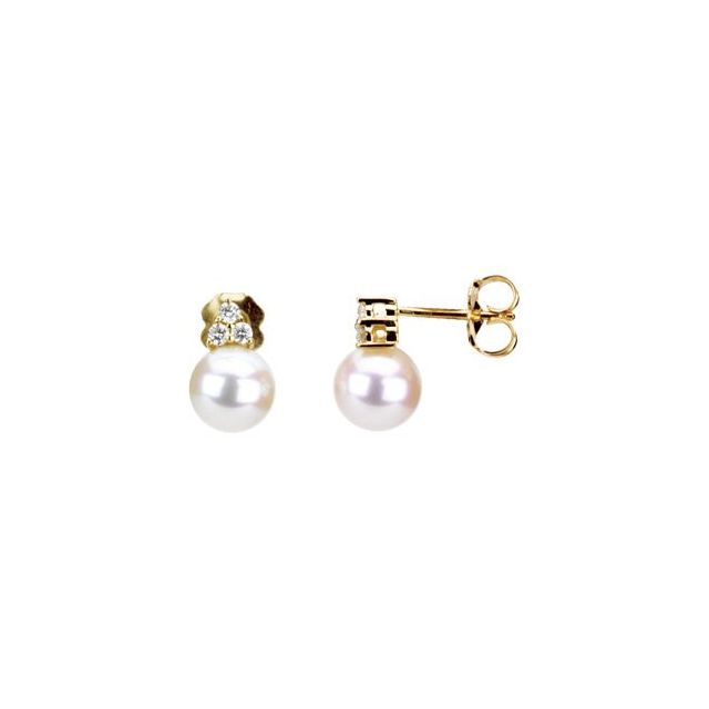 14K Yellow Cultured White Freshwater Pearl & 1/10 CTW Natural Diamond Earrings