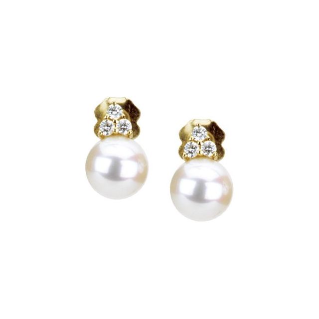 14K Yellow Cultured White Freshwater Pearl & 1/10 CTW Natural Diamond Earrings