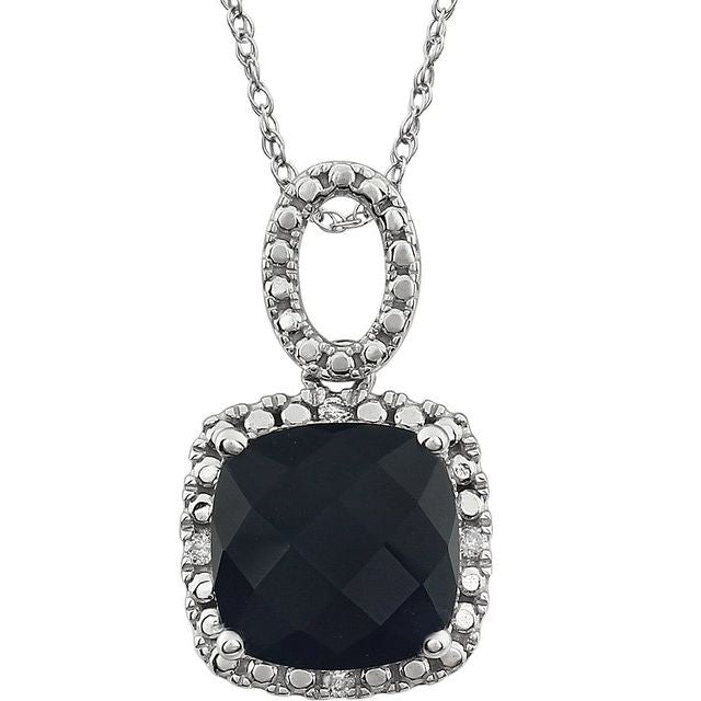 14K White Natural Black Onyx & .03 CTW Natural Diamond 18' Necklace