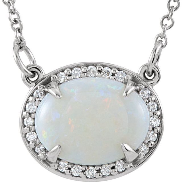 14K White Natural White Opal & .05 CTW Natural Diamond Halo-Style 16 1/2' Necklace