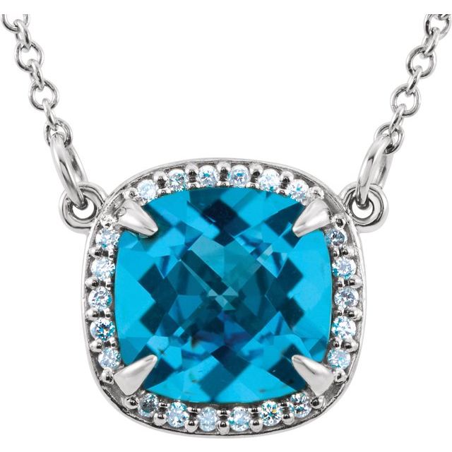 14K White Natural Swiss Blue Topaz & .05 CTW Natural Diamond 16' Necklace