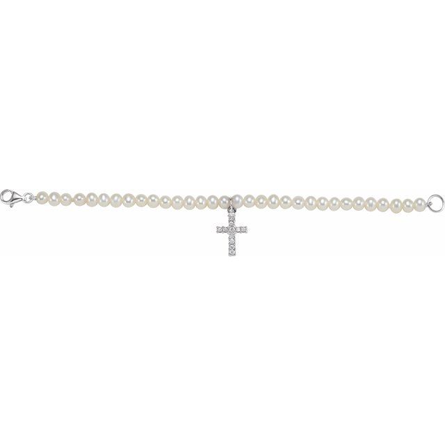 Sterling Silver Cultured White Freshwater Pearl & Imitation White Cubic Zirconia Cross 5 1/2' Bracelet