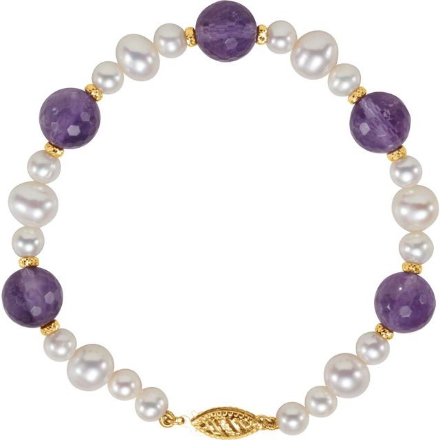 14K Yellow Natural Amethyst & Cultured White Freshwater Pearl 7 1/2' Bracelet