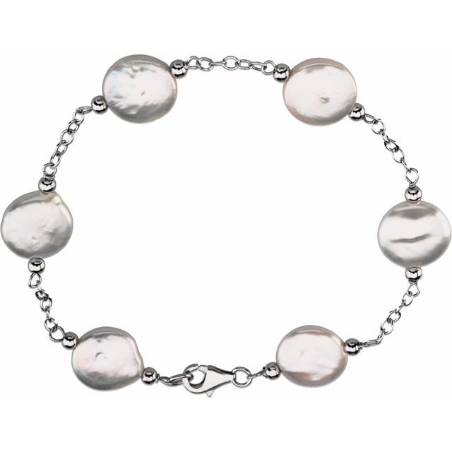 Sterling Silver 12-13 mm Cultured White Freshwater Pearl Coin 7' Bracelet