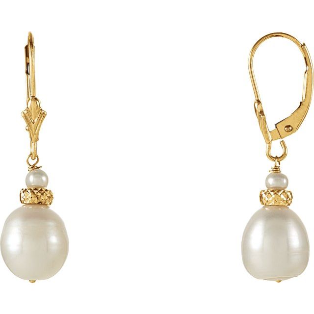 14K Yellow Cultured White Freshwater Pearl Earrings