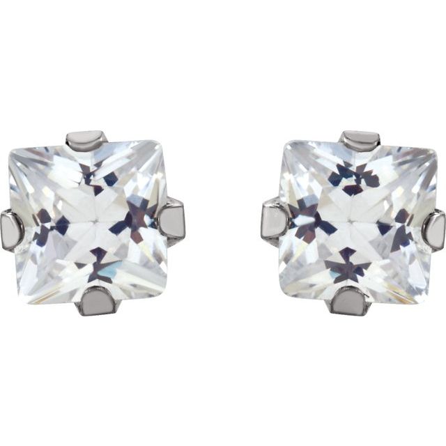 14K White 3 mm Square Imitation White Cubic Zirconia Piercing Stud Earrings