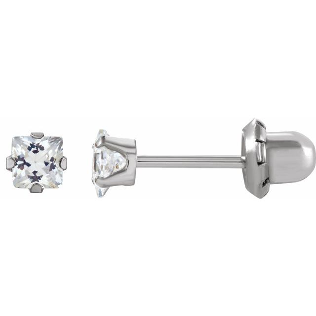 14K White 3 mm Square Imitation White Cubic Zirconia Piercing Stud Earrings