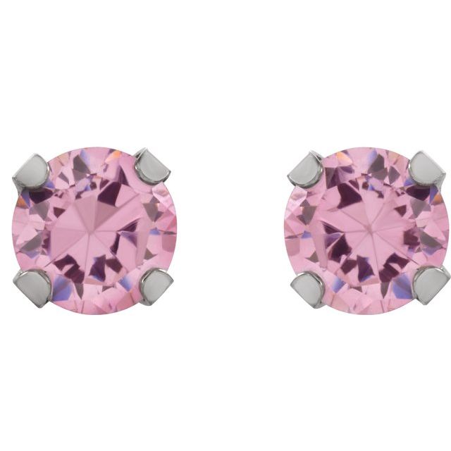 Rhodium-Plated 14K Yellow 5 mm Round Imitation Pink Cubic Zirconia Piercing Stud Earrings