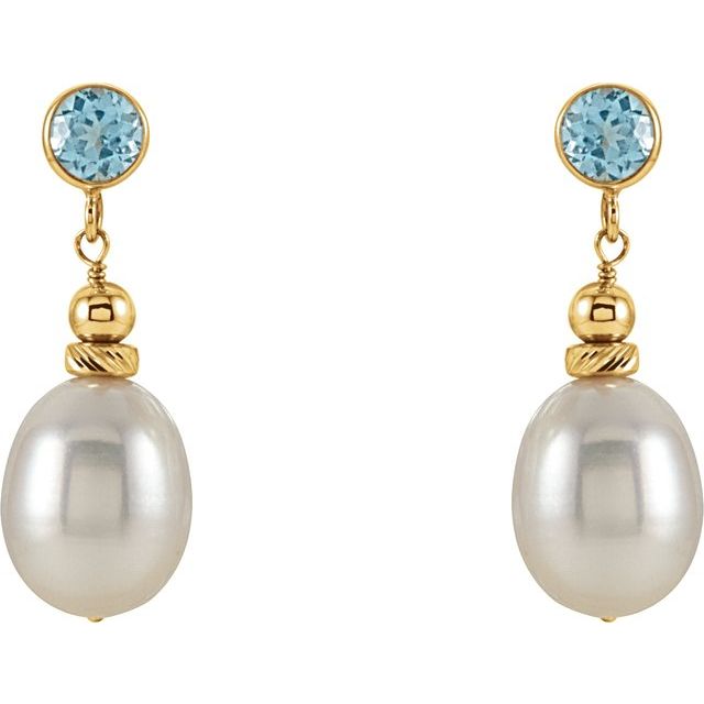 14K Yellow Cultured White Freshwater Pearl & Natural Swiss Blue Topaz Earrings