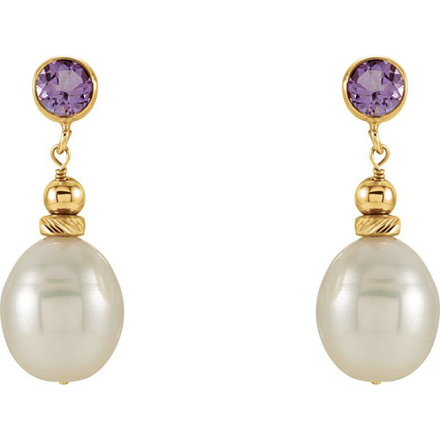 14K Yellow Cultured White Freshwater Pearl & Natural Amethyst Earrings