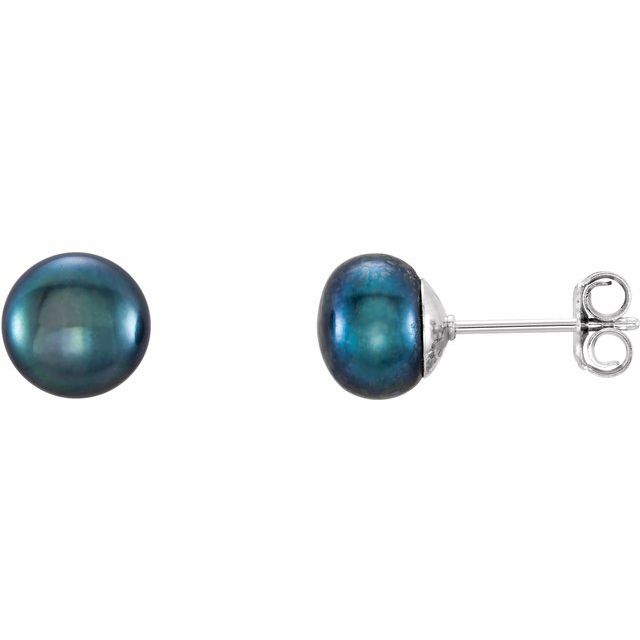 Sterling Silver 7-8 Mm Cultured Black Freshwater Pearl Earrings