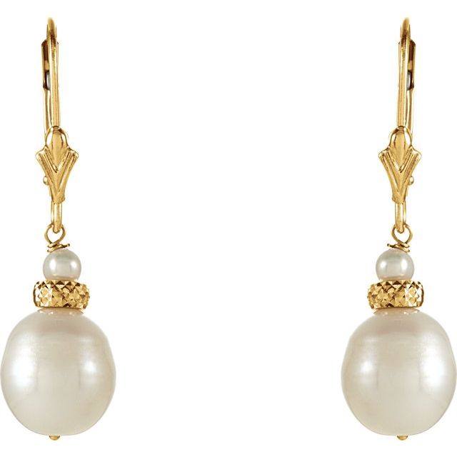 14K Yellow Cultured White Freshwater Pearl Earrings