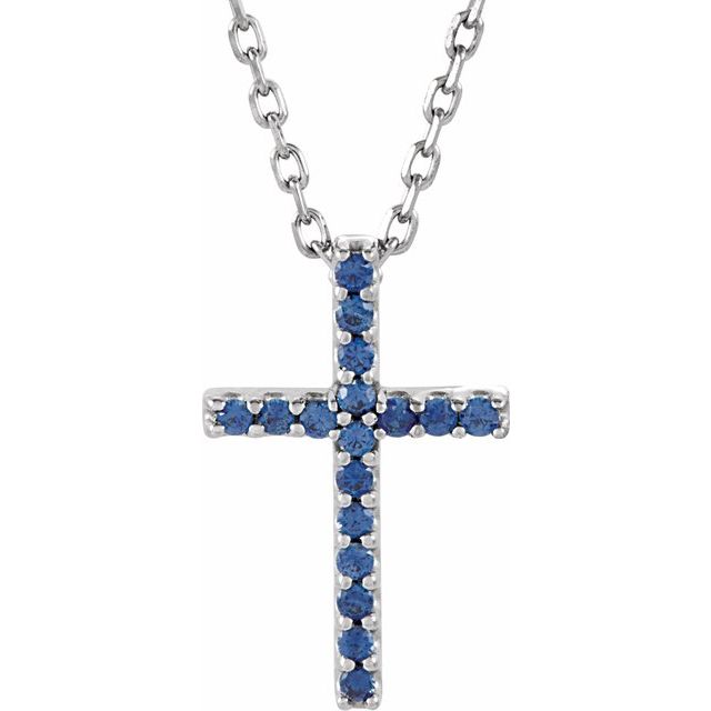 14K White Natural Blue Sapphire Petite Cross 16' Necklace