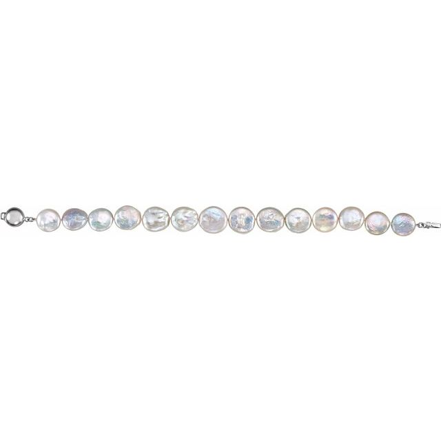 Sterling Silver 13-14 mm Cultured White Freshwater Pearl Coin  7 3/4' Bracelet