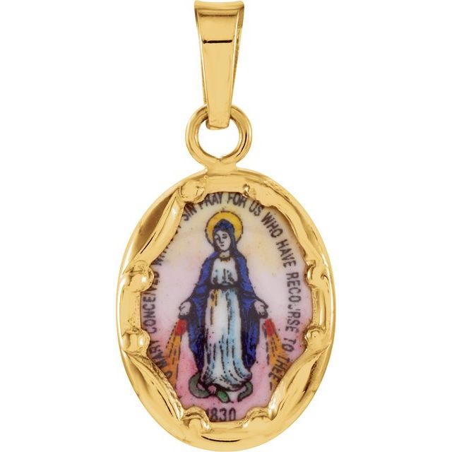 14K Yellow 13x10 mm Oval Hand Painted Porcelain Miraculous Medal