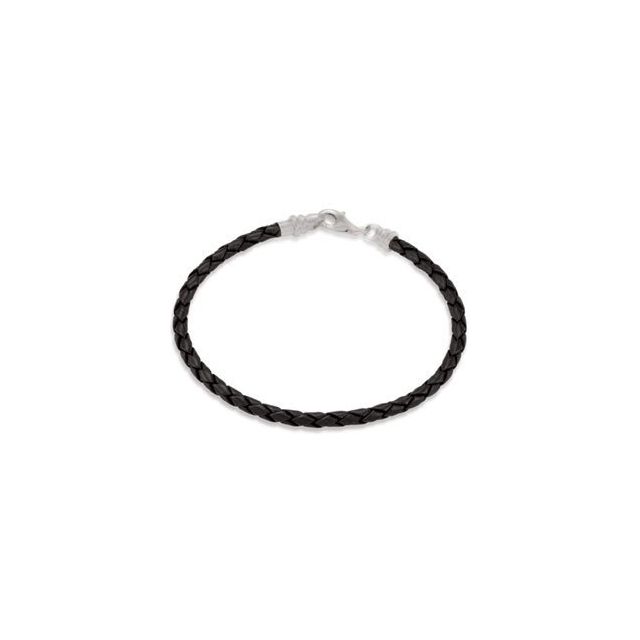 Sterling Silver Black Leather Braided 7.5' Bracelet