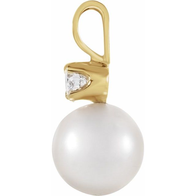 14k Yellow Cultured White Akoya Pearl & .025 Ctw Natural Diamond Pendant