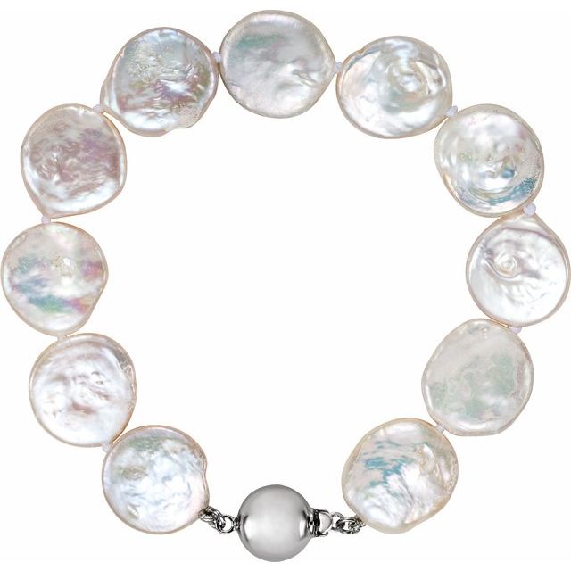 Sterling Silver 13-14 mm Cultured White Freshwater Pearl Coin  7 3/4' Bracelet