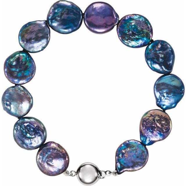 Sterling Silver Cultured Black Freshwater Pearl Coin 7 3/4' Bracelet