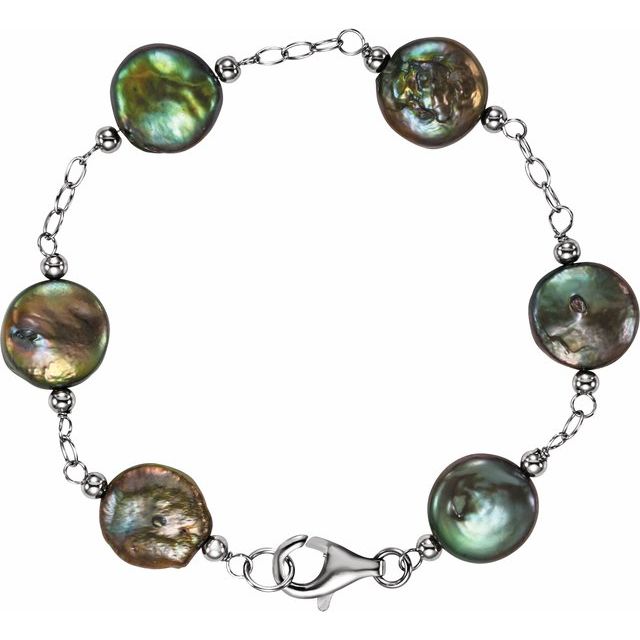 Sterling Silver 12-13 mm Cultured Black Freshwater Pearl Coin 7 1/2' Bracelet