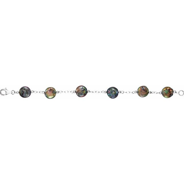 Sterling Silver 12-13 mm Cultured Black Freshwater Pearl Coin 7 1/2' Bracelet