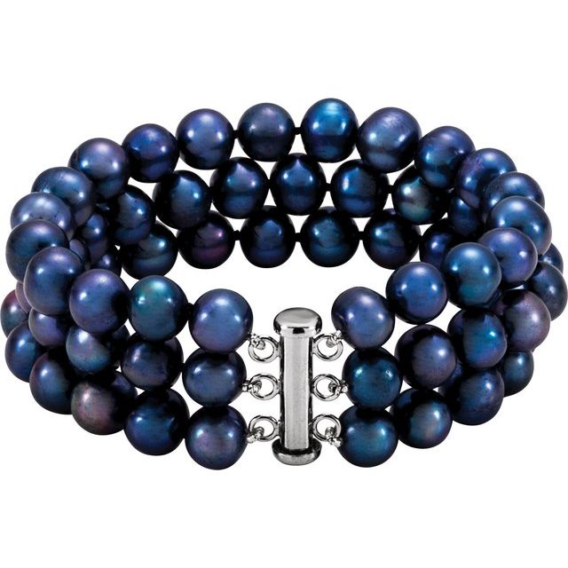 Sterling Silver Cultured Black Freshwater Pearl 3-Strand 7 1/4' Bracelet