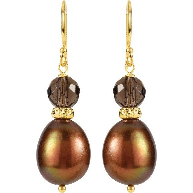 14K Yellow Cultured Chocolate Freshwater Pearl & Natural Smoky Quartz Earrings