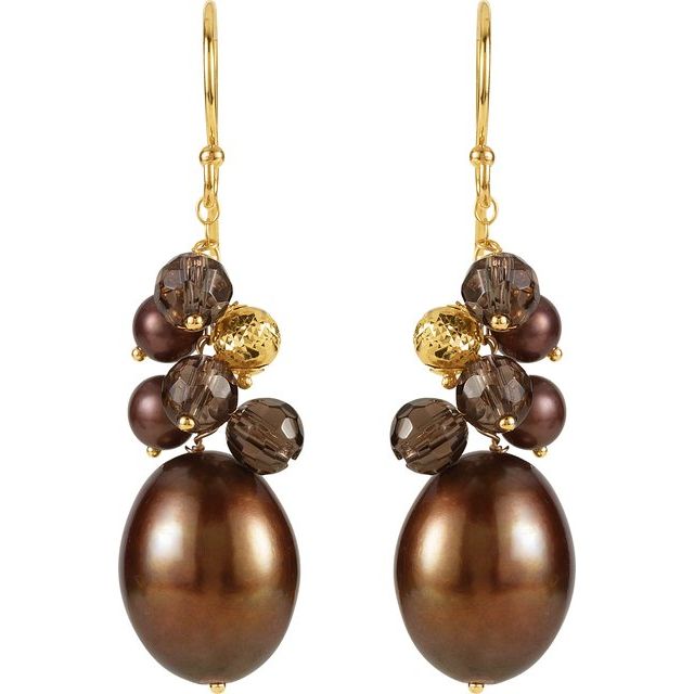14K Yellow Cultured Dyed Chocolate Freshwater Pearl & Natural Smoky Quartz Earrings