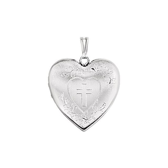 Sterling Silver 25.2x23.7 mm Heart Locket with Cross