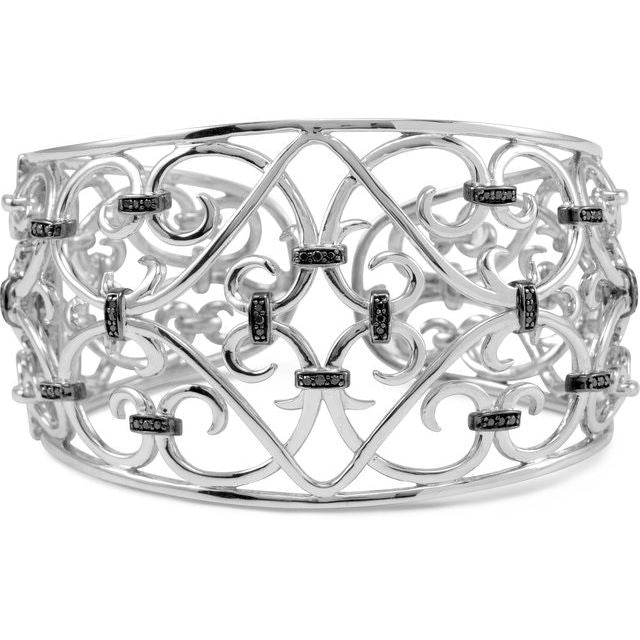 Black/White Rhodium-Plated Sterling Silver 1/3 CTW Natural Black Diamond Cuff 8' Bracelet