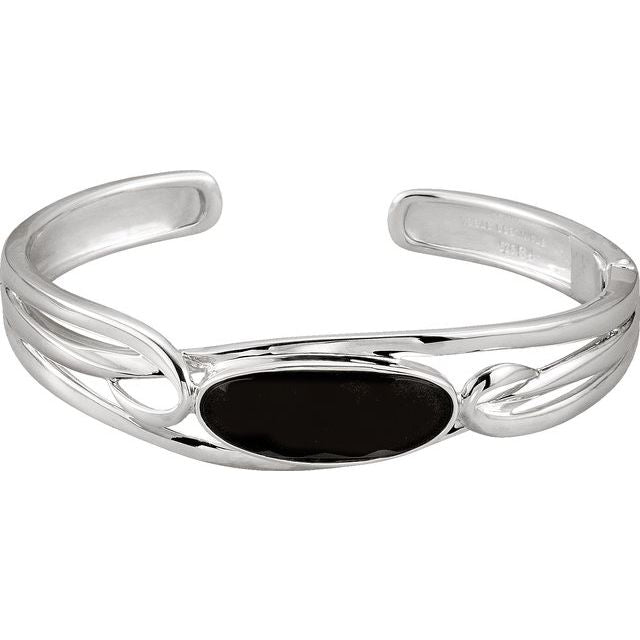 Sterling Silver Natural Black Onyx Hinged Cuff 6 1/2' Bracelet
