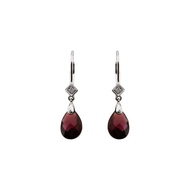 14K White Briolette Natural Brazilian Garnet & .025 CTW Natural Diamond Earrings