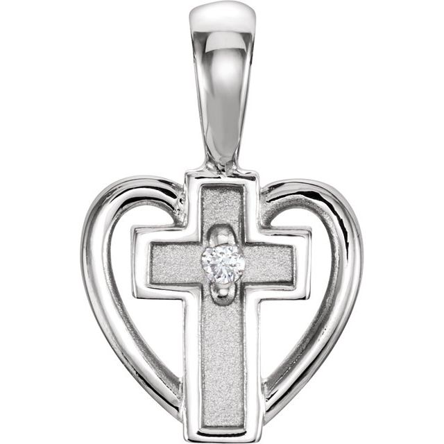 14K White .01 CT Natural Diamond Cross & Heart Pendant