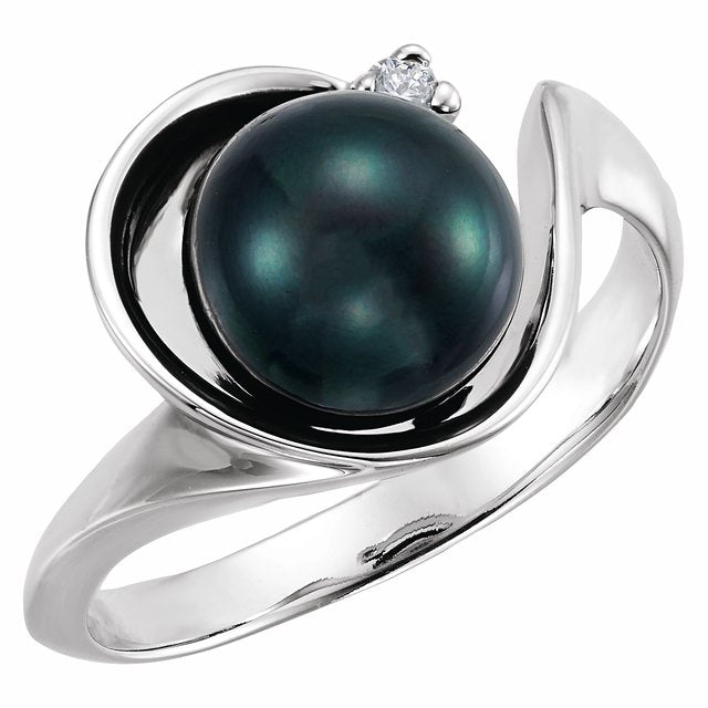 14k White Cultured Black Akoya Pearl & .03 Ctw Natural Diamond Ring