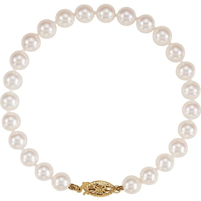 14K Yellow Cultured White Akoya Pearl 7' Bracelet