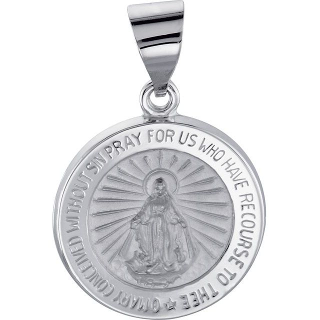 14K White 15 mm Hollow Round Miraculous Medal