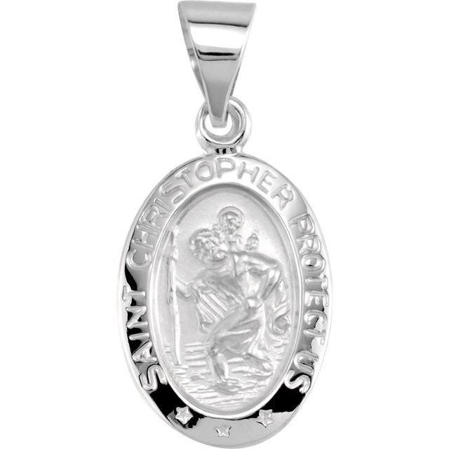 14K White 15x11 mm Oval Hollow St. Christopher Medal
