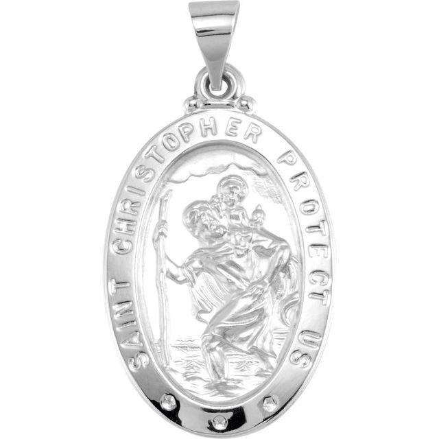 14K White 25x17 mm Oval Hollow St. Christopher Medal