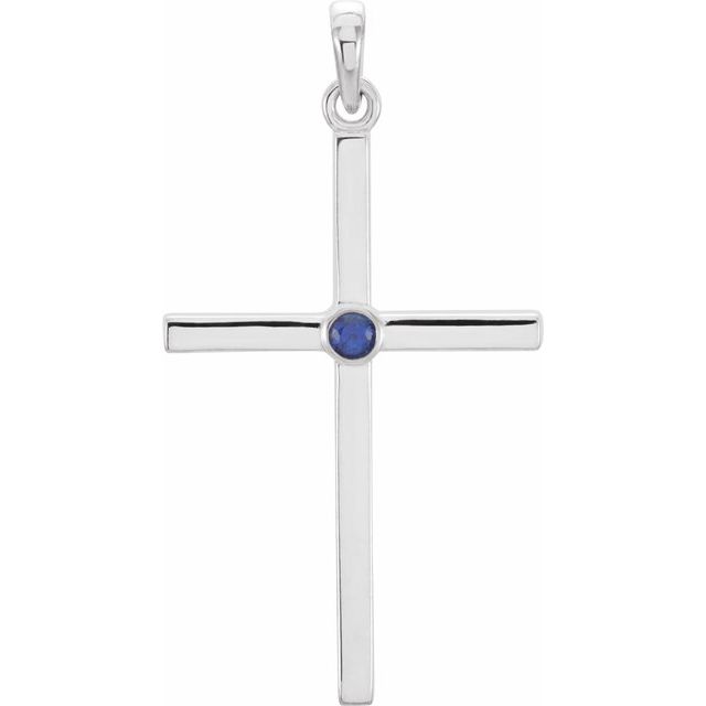 14k White Natural Blue Sapphire Cross Pendant