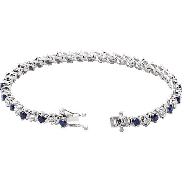 14K White Lab-Grown Blue Sapphire & 1/10 CTW Natural Diamond Line 7' Bracelet