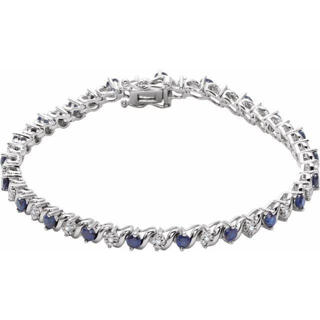 14K White Lab-Grown Blue Sapphire & 1/10 CTW Natural Diamond Line 7' Bracelet