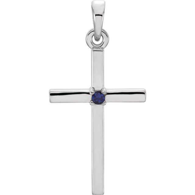 14k White Natural Blue Sapphire Cross Pendant