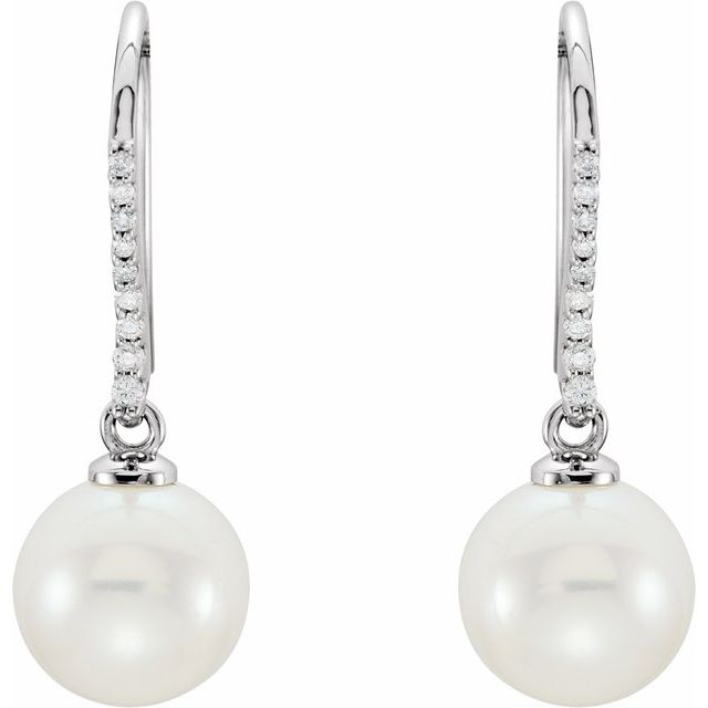 14K White Cultured White Freshwater Pearl & 1/8 CTW Natural Diamond Earrings